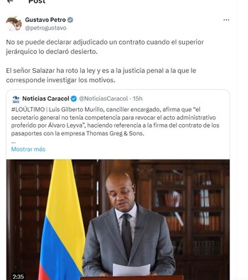 Gustavo Petro reacciona a las palabras de Gilberto Murillo sobre José Antonio Salazar - crédito @petrogustavo