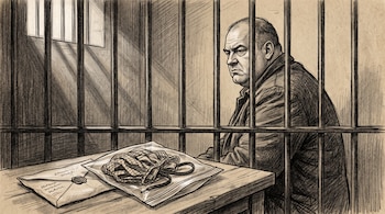 Dibujo a lápiz de un hombre sentado en una celda junto a un sobre de pruebas sobre una mesa.