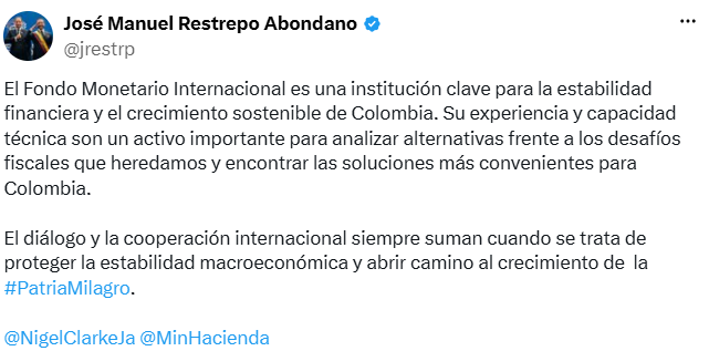 José Manuel Restrepo destacó la cooperación internacional como una herramienta para proteger la estabilidad macroeconómica y abrir camino al crecimiento de Colombia. - crédito @jrestrp/X