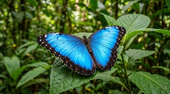 Una mariposa de alas azul brillante con bordes negros posada sobre una hoja verde rodeada de vegetación.