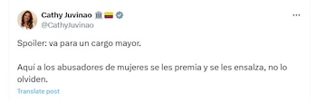 La representante señaló que Lorduy saldrá para otro cargo en el Gobierno - crédito @CathyJuvinao/X