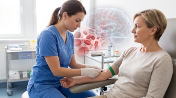 Una trabajadora de salud con guantes extrae sangre del brazo de una mujer sentada junto a ilustraciones de un cerebro y glóbulos rojos.