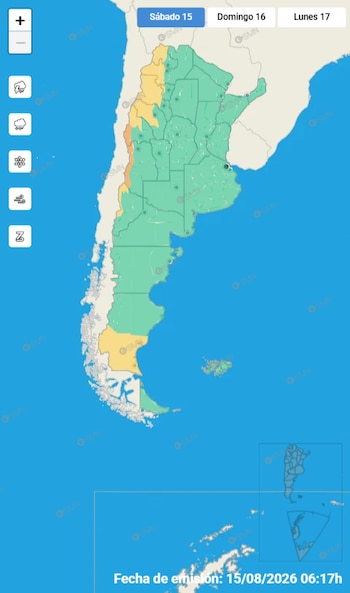 Mapa de Argentina con alertas meteorológicas en colores verde y amarillo, pestañas de días, iconos de clima, controles de zoom y fecha de emisión