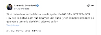El ministro Armando Benedetti cuestionó