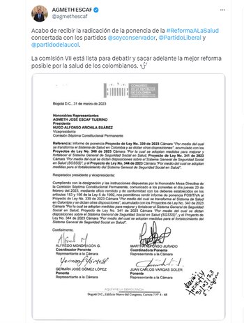 El representante Escaf trinó anunciando