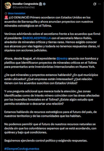 El senador Duvalier Sánchez, de la Alianza Verde, cuestionó la falta de información pública sobre el memorando de cooperación con Estados Unidos para minerales críticos y aseguró que, cuando solicitó conocer su contenido, el Gobierno respondió que los documentos estaban bajo reserva - crédito @DuvalierSanchez/X