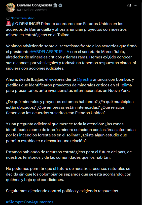 El senador Duvalier Sánchez, de la Alianza Verde, cuestionó la falta de información pública sobre el memorando de cooperación con Estados Unidos para minerales críticos y aseguró que, cuando solicitó conocer su contenido, el Gobierno respondió que los documentos estaban bajo reserva - crédito @DuvalierSanchez/X