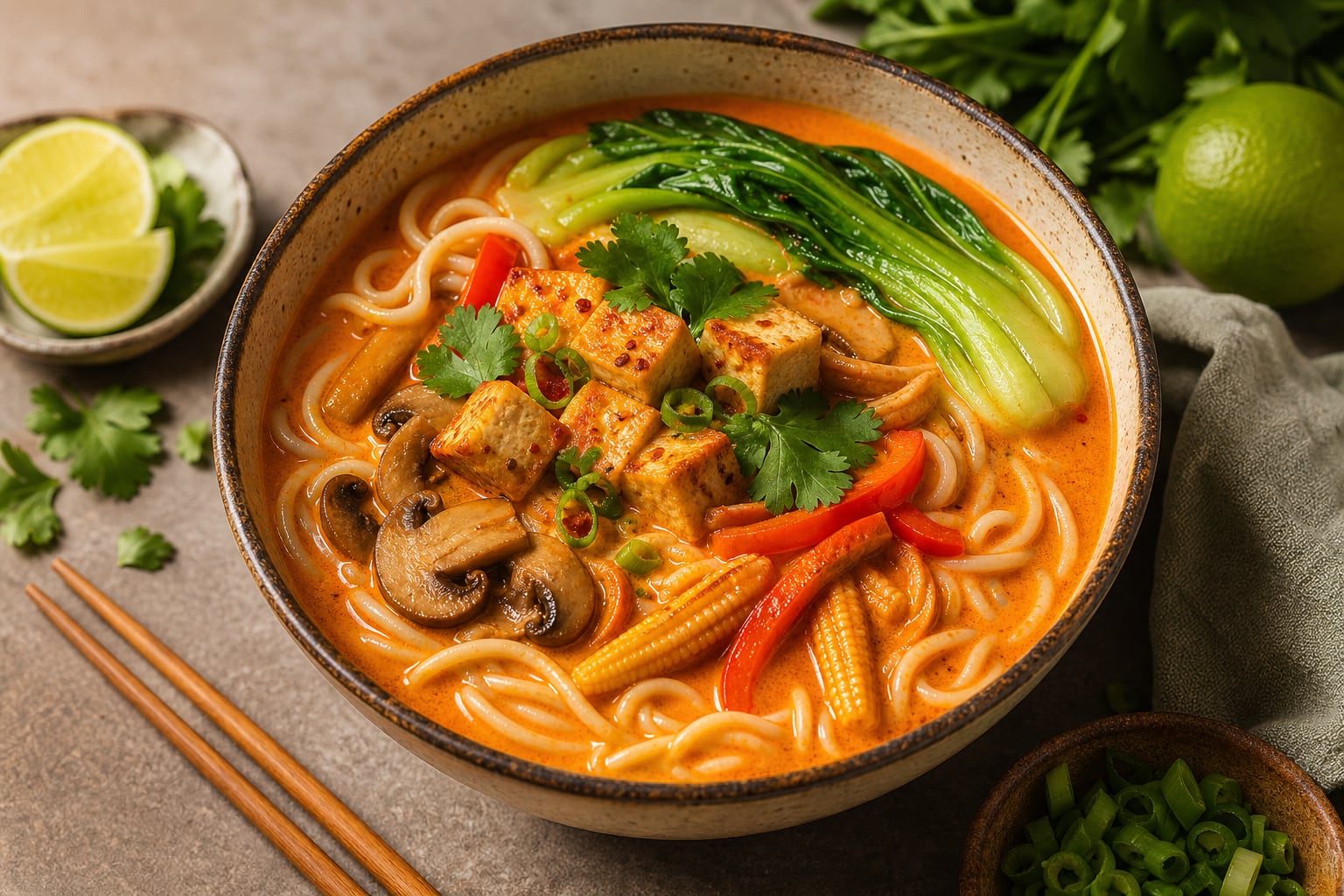 Un plato de ramen vegetariano de curry rojo combina fideos, tofu, hongos y vegetales variados sobre una mesa decorada con palillos y limas. (Imagen Ilustrativa Infobae)