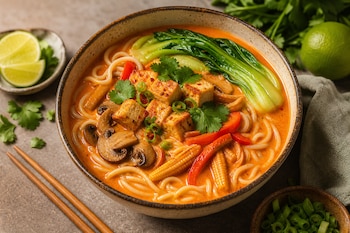 Tazón con ramen de curry rojo, fideos, tofu, champiñones, verdura bok choy, maíz tierno, tiras de pimiento, palillos y limas.