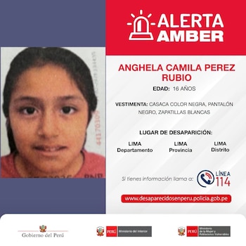 Póster de Alerta Amber con fotografía de una joven, texto con el nombre Anghela Camila Perez Rubio, edad 16 años y lugar de desaparición en Lima, Perú