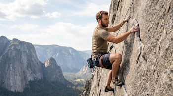 Un hombre con barba de unos 30 años, vestido con camiseta y pantalones cortos, escala una pared rocosa, sujetando una cuerda. Detrás hay montañas y cielo nublado.
