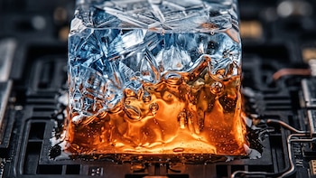 Cubo transparente de color azul en la parte superior y naranja fluido en la base, situado sobre una placa de circuito oscuro