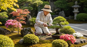 Una persona de edad con sombrero de paja poda un bonsái en un jardín japonés, con musgo verde, rocas, flores rosadas y blancas, y un farol de piedra.