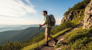 Hombre de perfil caminando por un sendero de tierra en una ladera de montaña, con una mochila y bastón, rodeado de pinos y rocas, y montañas al fondo.
