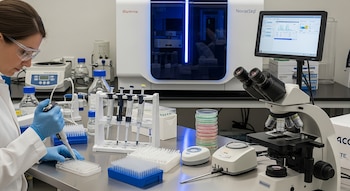 Científica en bata de laboratorio y gafas de seguridad manipulando una pipeta en una placa. Se observan equipos como un secuenciador Illumina, microscopio y placas de Petri.