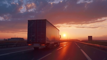 Un camión de carga transita por una autopista al atardecer, ilustrando el papel clave del transporte terrestre en los corredores logísticos interoceánicos.