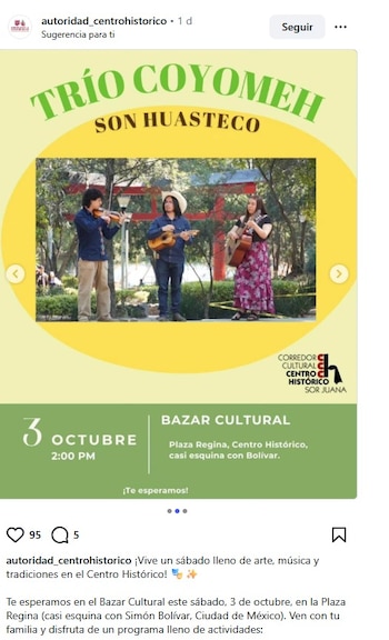 Un cartel digital con tres músicos tocando instrumentos en un parque, junto a datos de un evento en la Plaza Regina el 3 de octubre