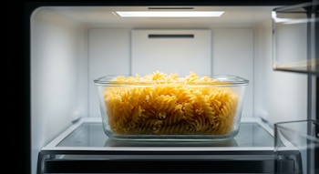 Recipiente de vidrio con pasta cocida en espiral en el interior de una heladera abierta con luz, el cristal tiene gotas de condensación.