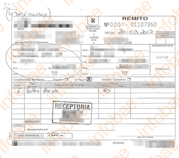 Documento de remito con información pixeleada y manuscrita. Muestra la fecha 20/03/2012, 6 bultos de artículos varios, aforo 85 y valor declarado $2.500