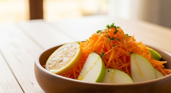 Primer plano de ensalada de zanahoria rallada, con rodajas de limón y manzana verde, aderezada con aceite de oliva, en un cuenco de madera sobre fondo claro.