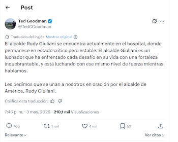 Rudy Giuliani hospitalizado en estado crítico pero estable según su colaborador Ted Goodman, quien difundió la noticia este domingo por la tarde (Captura X)