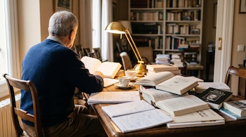 Hombre de espaldas con pelo canoso, sentado en una mesa de madera. Hay libros abiertos, cuadernos, una lámpara, una taza y una estantería de libros.