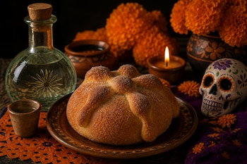 Un pan de muerto sobre un plato de barro junto a una botella de vidrio, una copa, una vela encendida, una calavera y flores de cempasúchil.