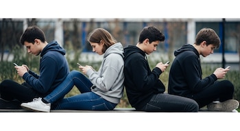 Cuatro adolescentes sentados en una banca, de espaldas entre sí, cada uno mirando un teléfono móvil. Fondo borroso de vegetación y edificios.