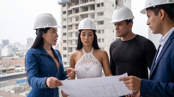 Cuatro personas con cascos de seguridad blancos revisan planos arquitectónicos en el balcón de un edificio en construcción, con un paisaje urbano de fondo.
