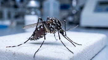 Primer plano de un mosquito negro con franjas blancas en cuerpo y patas sobre una superficie clara con fondo de laboratorio.