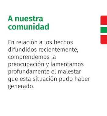 Comunicado en español sobre fondo blanco, con el título 'A nuestra comunidad' en verde y texto lamentando el malestar, junto a una franja roja y verde