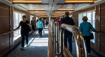 Vista de un largo pasillo interior de un crucero con numerosas personas caminando, flanqueado por ventanas y pasamanos metálicos en ambos lados.
