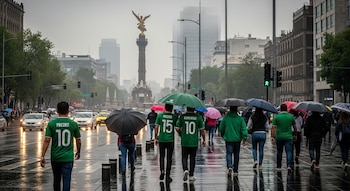 Calle mojada con peatones que usan sombrillas de colores, algunos con playeras verdes de la selección mexicana; vehículos y el monumento del Ángel de la Independencia.
