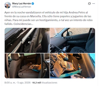La madre de Andrea Petro denunció el ataque contra el vehículo de su hija en Marsella, Francia - crédito @MaryLuzHerran/X