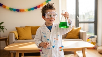 Un niño con gafas de seguridad y bata blanca sostiene un frasco de vidrio cónico con líquido verde en el interior de una casa