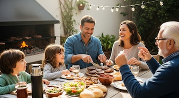 Familia argentina de cinco personas, con niños y abuelo, compartiendo un asado con carnes, ensalada y pan en una mesa de madera al aire libre.