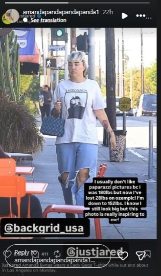 Amanda Bynes mostró en sus historias de Instagram que bajó 12 kilos. (Instagram)