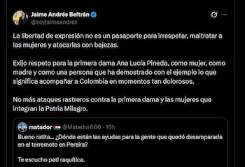 El ministro Beltrán rechaza los ataques de Matador contra la primera dama Ana Lucía Pineda - crédito @soyjaimeandres / X
