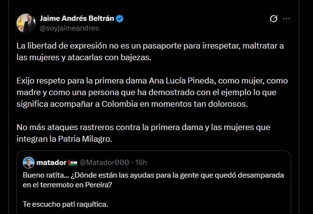 El ministro Beltrán rechaza los ataques de Matador contra la primera dama Ana Lucía Pineda - crédito @soyjaimeandres / X