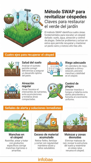 Infografía sobre el método SWAP para revitalizar céspedes con ilustraciones de cuidado del pasto, riego, aireación, control de plagas y eliminación de malezas.