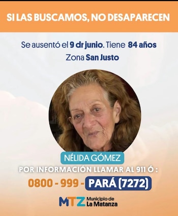 Cartel vertical. Franja superior naranja, fondo blanco, franja inferior naranja. Foto de mujer mayor. Texto: nombre, edad, fecha, zona, números de contacto, logo municipal