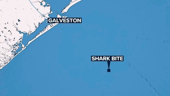 Mapa azul y blanco mostrando la costa de Texas con Galveston y un marcador en el océano que indica la ubicación de un ataque de tiburón