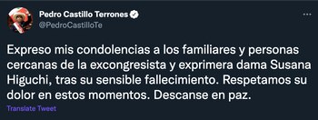 Pedro Castillo envía condolencias por