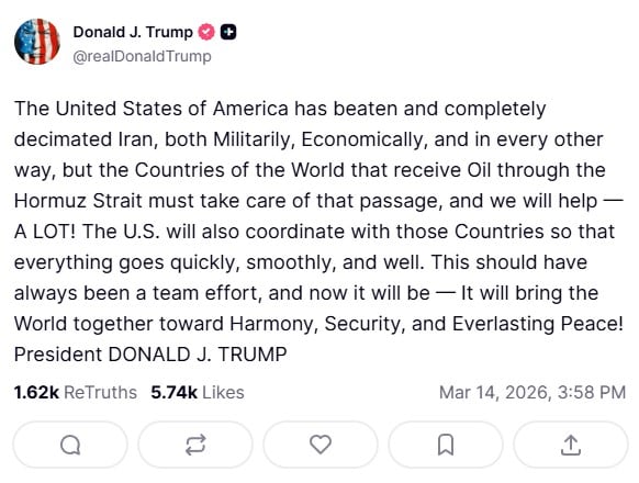 Trump volvió a exigir cooperación de otros países para garantizar la seguridad del estrecho de Ormuz