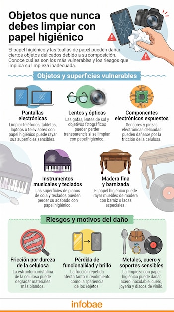 Infografía que detalla objetos a no limpiar con papel higiénico. Muestra pantallas, lentes, componentes electrónicos, pianos, muebles de madera, joyas y vinilos dañados.