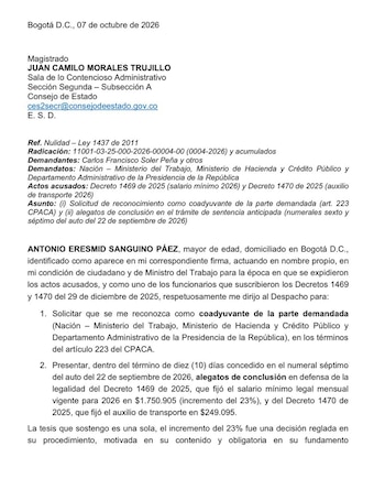 En relación con el salario mínimo de 2026, Sanguino solicitó ser reconocido como coadyuvante en el proceso judicial que estudia la legalidad del Decreto 1469 de 2025 - crédito @AntonioSanguino/X
