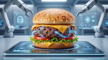Hamburguesa con pan de circuitos y carne con microchips, lechuga, tomate y queso, sobre una pantalla táctil, flanqueada por dos brazos robóticos.