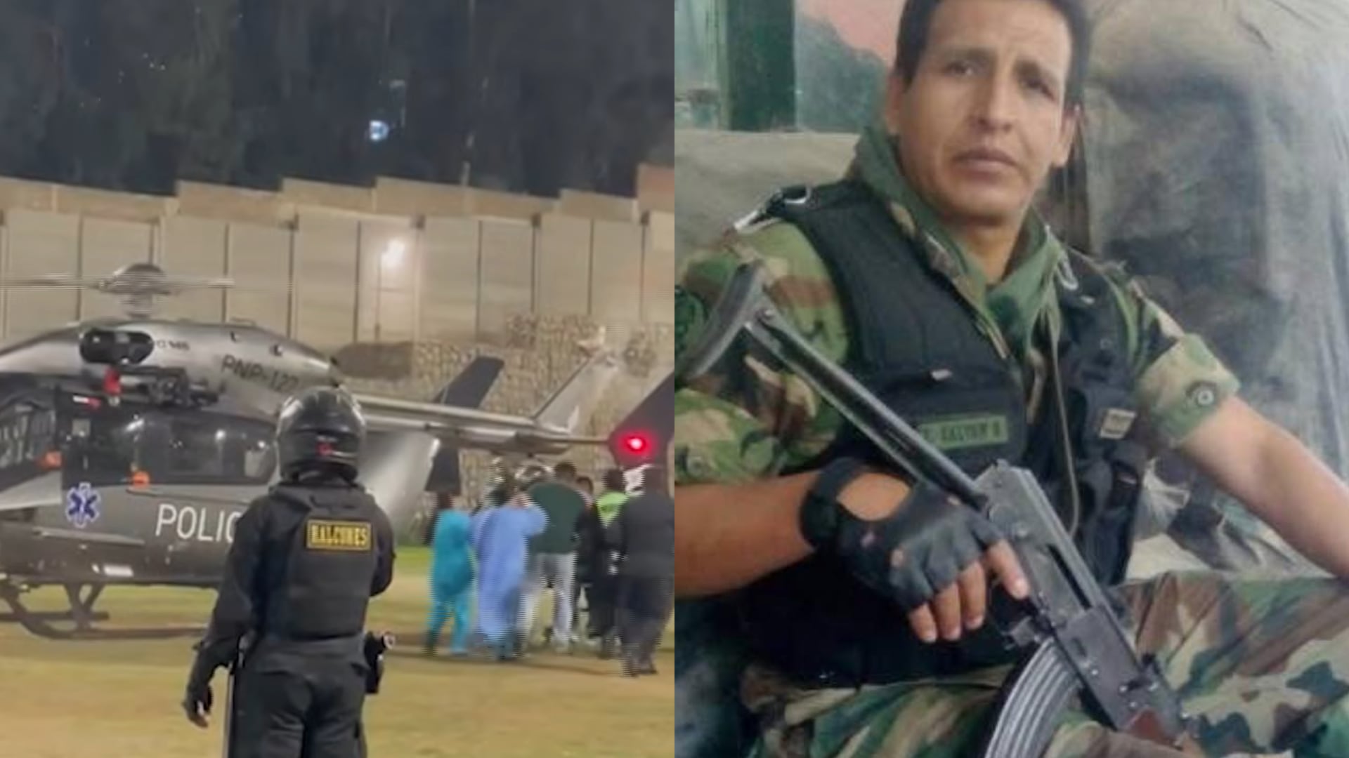 El suboficial Edgar Galván, herido en Huaycán al frustrar un asalto, será ascendido, mostrando una imagen del policía con arma y el traslado de personas junto a un helicóptero policial. (Composición: Infobae Perú)