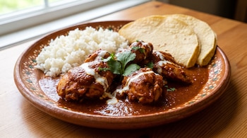 Plato de barro con piezas de pollo en salsa roja, crema, cilantro, arroz blanco y tortillas de maíz sobre una mesa de madera.
