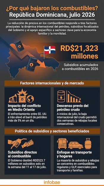 Infografía con el mapa de República Dominicana, bandera, barriles de petróleo, gráficos de barras, bomba de gasolina, billetes, autobús, auto, cilindro GLP.